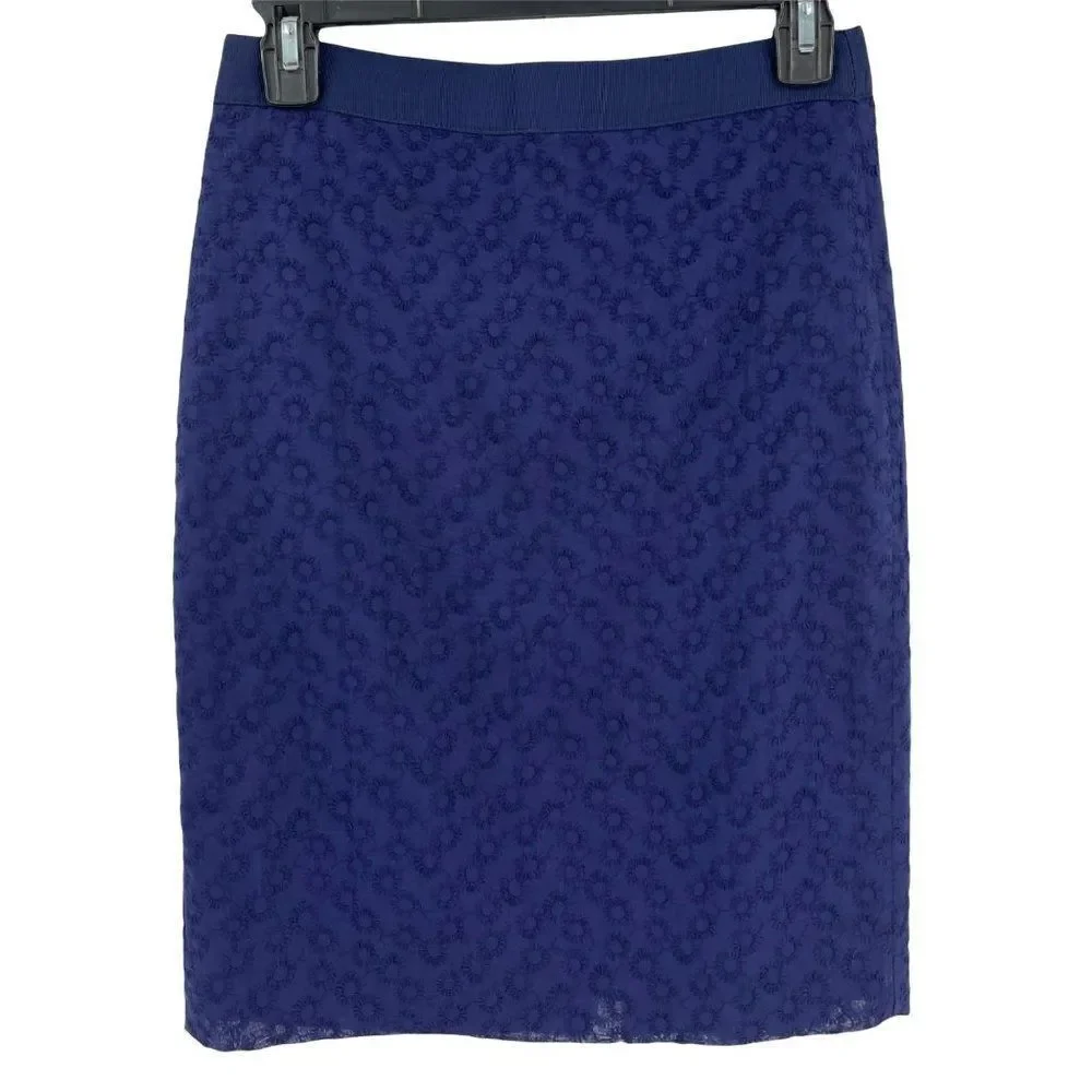 J.‎ Crew Daisy Embroidered Straight Pencil Skirt 100% Cotton Women Size 00 Navy